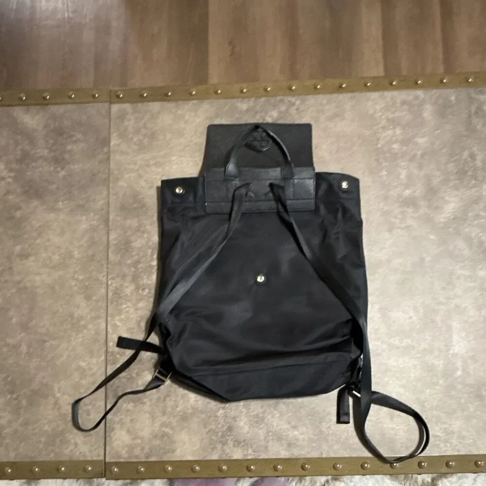 Tory Burch Black Drawstring Backpack Top Handle Gold Hardware Logo Pockets